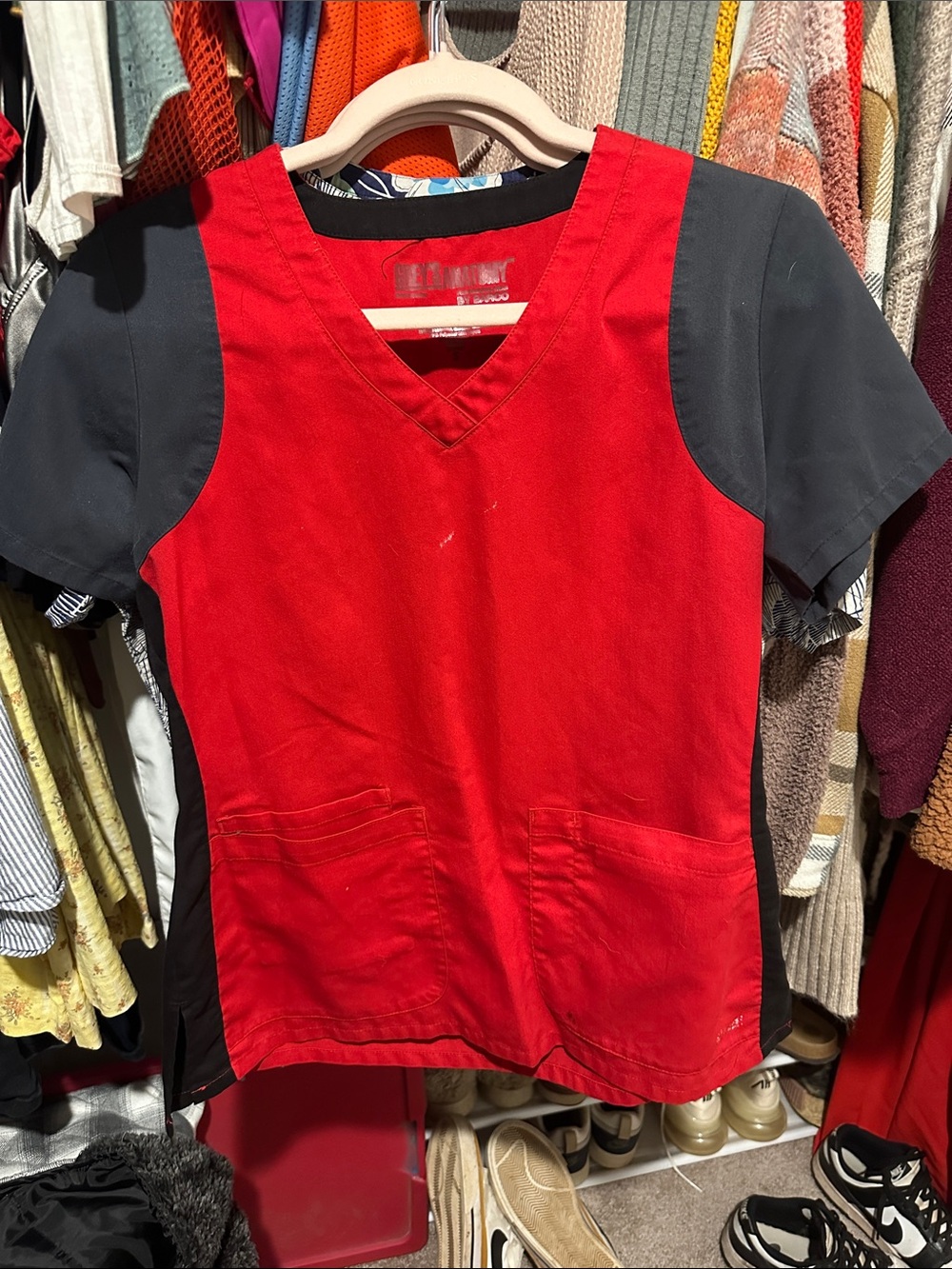 Grey's Anatomy Red and Black V-Neck Scrub Top